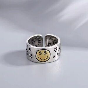 925 Sterling Smiley Happy Money Face Poker Boho Ring (Two Tone) #1381